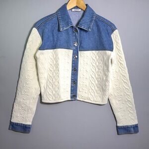 Sandro Jacket Womens Size Small Denim Jean Heart Cable Knit Cream Blue Designer
